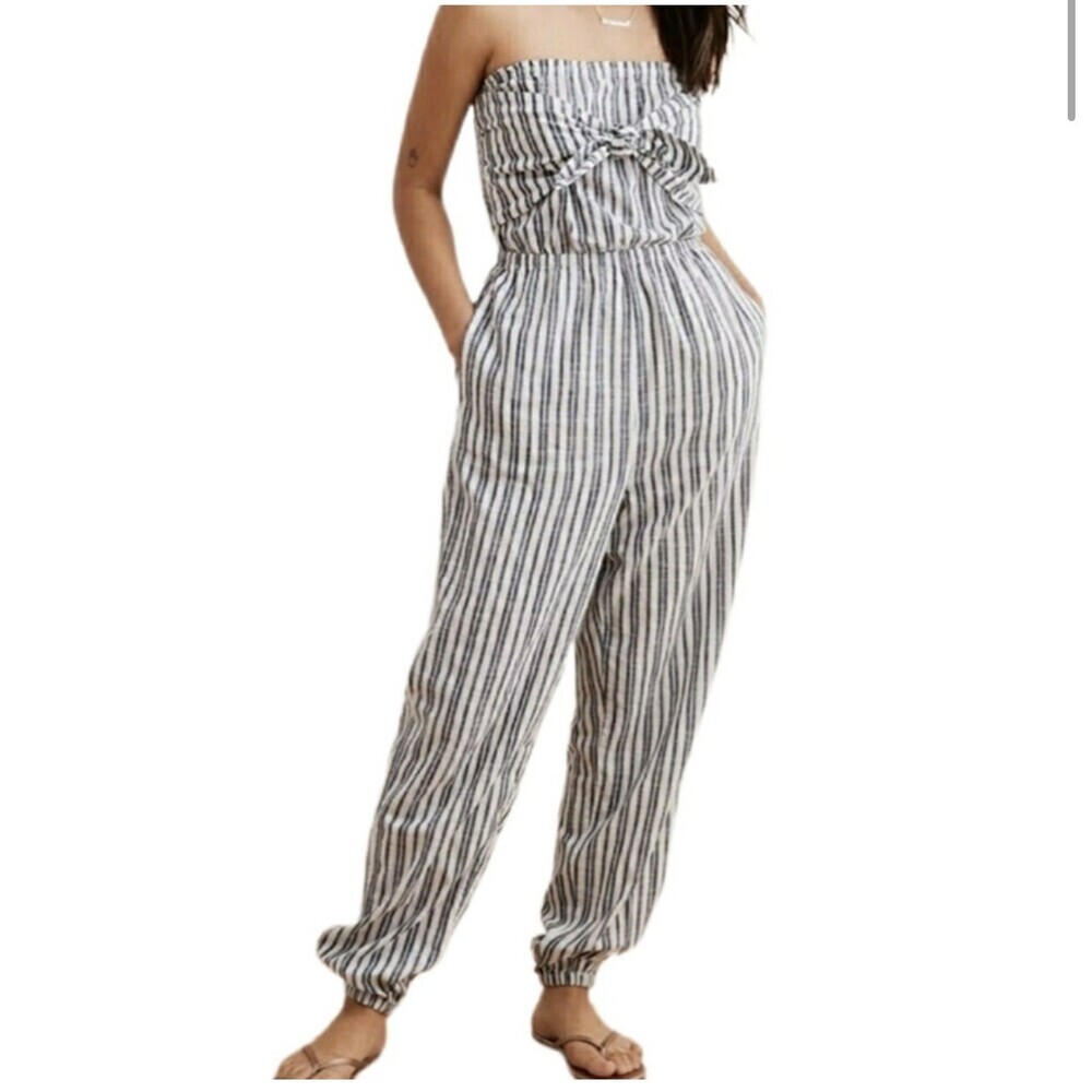 Aerie jumpsuit POCKETS blue white strapless jogger style 100% Cotton SZ SM